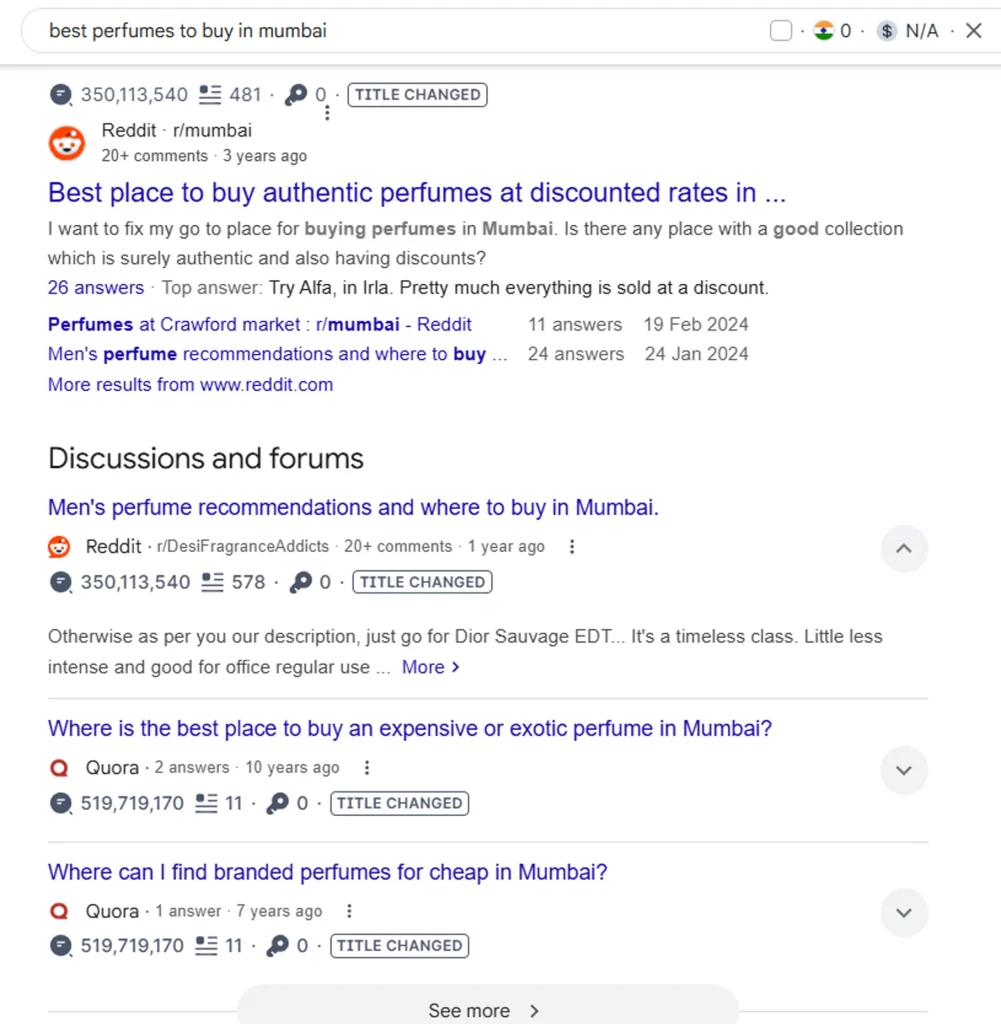 (Reddit showing up as the top results of ‘Best Perfumes to Buy In Mumbai’)